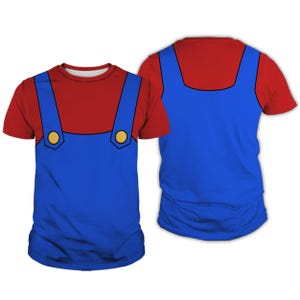 A red t-shirt with blue suspenders and a red shirt, both with yellow buttons.