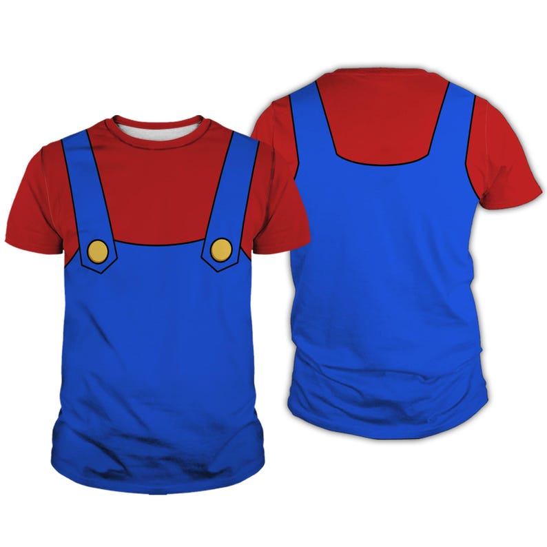 A red t-shirt with blue suspenders and a red shirt, both with yellow buttons.