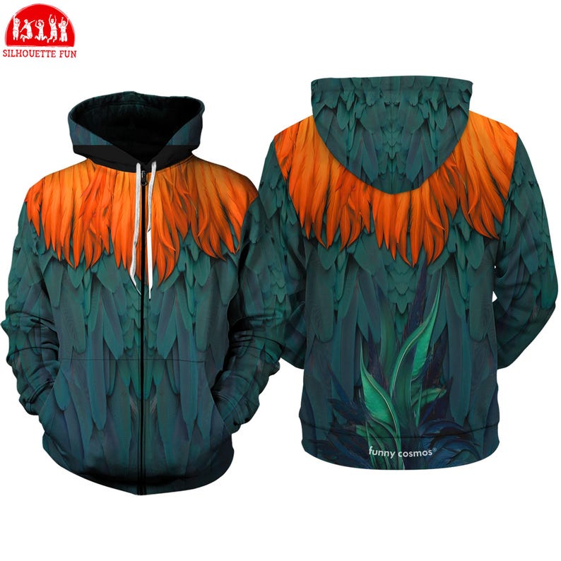 a hooded zip-up jacket with a vibrant, colorful feather pattern. The jacket has a green and orange color scheme, with the feathers appearing to be in shades of orange and green. The jacket is displayed in two different views, providing a comprehensive look at its design and details.