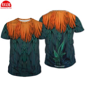 a T-shirt with a vibrant, colorful feather design. The design consists of orange and green feathers, creating a striking visual effect. The T-shirt is displayed in two different views, showcasing the full design and the back of the shirt.