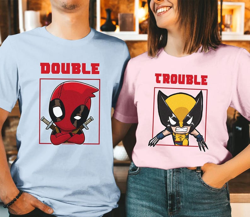 Deadpool and Wolverine Double Trouble Shirt, Deadpool 3 Movie Shirt, Deadpool & Wolverine Shirt, Deadpool and Wolverine Tee, Couple Shirts image 3