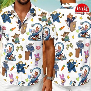 Zootopia Hawaiian Button Up Shirt, Judy Hopps Nick Wilde Aloha Shirt, Disneyland Cartoon Tropical Hawaiian, Judy And Nick Hawaiian Shirt image 2