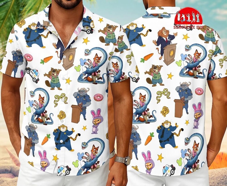 Zootopia Hawaiian Button Up Shirt, Judy Hopps Nick Wilde Aloha Shirt, Disneyland Cartoon Tropical Hawaiian, Judy And Nick Hawaiian Shirt image 2