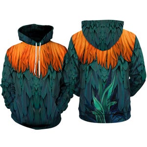 A hooded sweatshirt with a vibrant, colorful feather pattern in shades of green, orange, and blue. The pattern features a variety of feather shapes and sizes, creating a visually striking and eye-catching design.