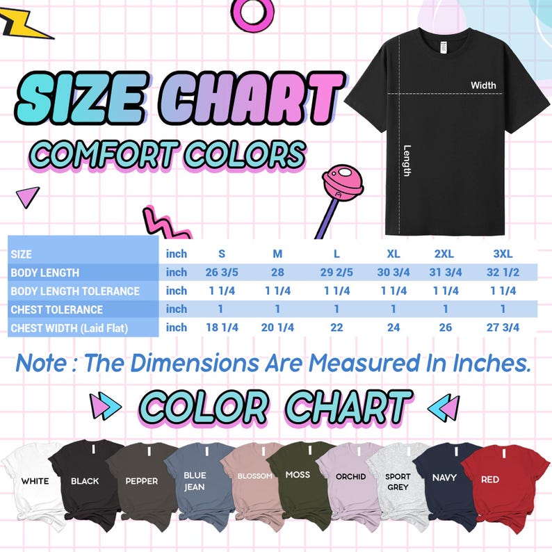 a t - shirt size chart with different colors