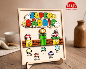 Letrero de madera personalizado de Super Daddio, placa personalizada con el nombre de la familia Super Mario, regalo para el Día del Padre, letrero con el nombre de los niños de Super Mario, regalo para papá y mamá.