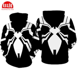 two black and white hooded sweatshirts with a distinctive spider-like design.