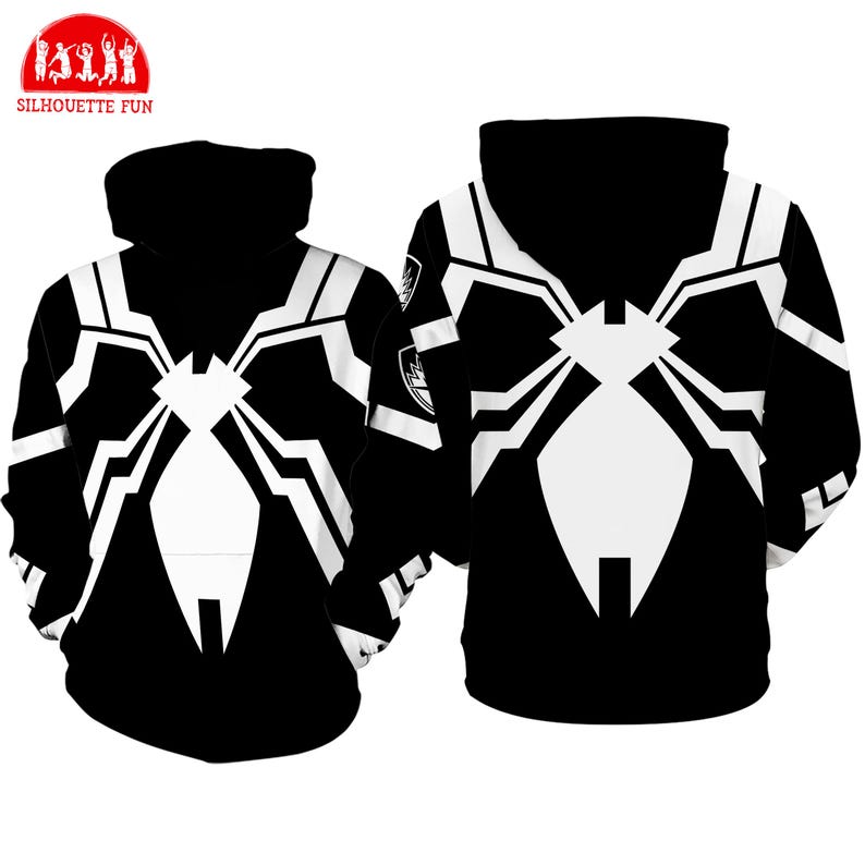 two black and white hooded sweatshirts with a distinctive spider-like design.