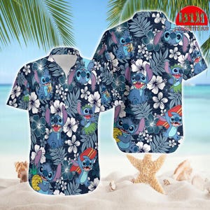 Stitch Aloha Floral Hawaiian Shirt, Lilo Stitch Hawaiian Button Up Shirt, Disneyland Vacation 2026, Stitch Aloha Shirt, Beach Party Summer