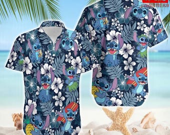 Stitch Aloha Floral Hawaiian Shirt, Lilo Stitch Hawaiian Button Up Shirt, Disneyland Vacation 2026, Stitch Aloha Shirt, Beach Party Summer