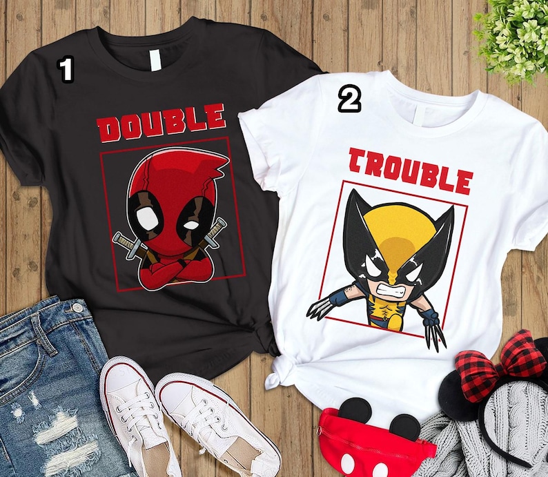 Deadpool and Wolverine Double Trouble Shirt, Deadpool 3 Movie Shirt, Deadpool & Wolverine Shirt, Deadpool and Wolverine Tee, Couple Shirts image 1