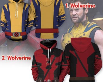 May include: Two hooded sweatshirts featuring superhero designs. One is yellow and blue with a red belt and an "X" emblem. The other is red and black with a Deadpool design. The text "1. Wolverine" and "2. Wolverine" are visible.