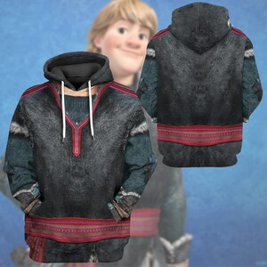 A hooded jacket with a black and red pattern, featuring a hood and zipper. The jacket appears to be a design inspired by the character Frozen.
