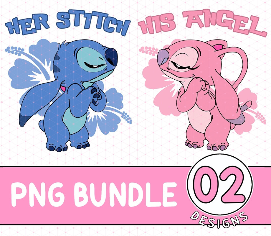 Stitch and Angel Couple Png, Her Stitch and His Angel Png