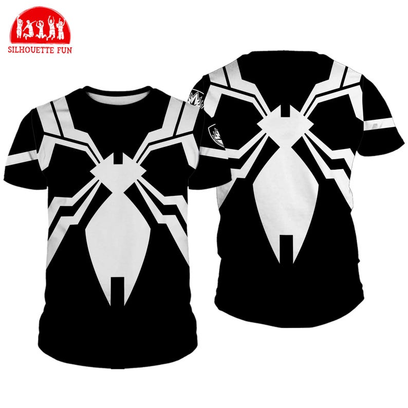 a black and white t-shirt with a graphic design resembling a spider or a similar creature. The design consists of a large white shape with black lines and dots, creating a striking visual effect. The t-shirt is displayed in two different views, showing the front and back, allowing the viewer to appreciate the design from multiple angles.