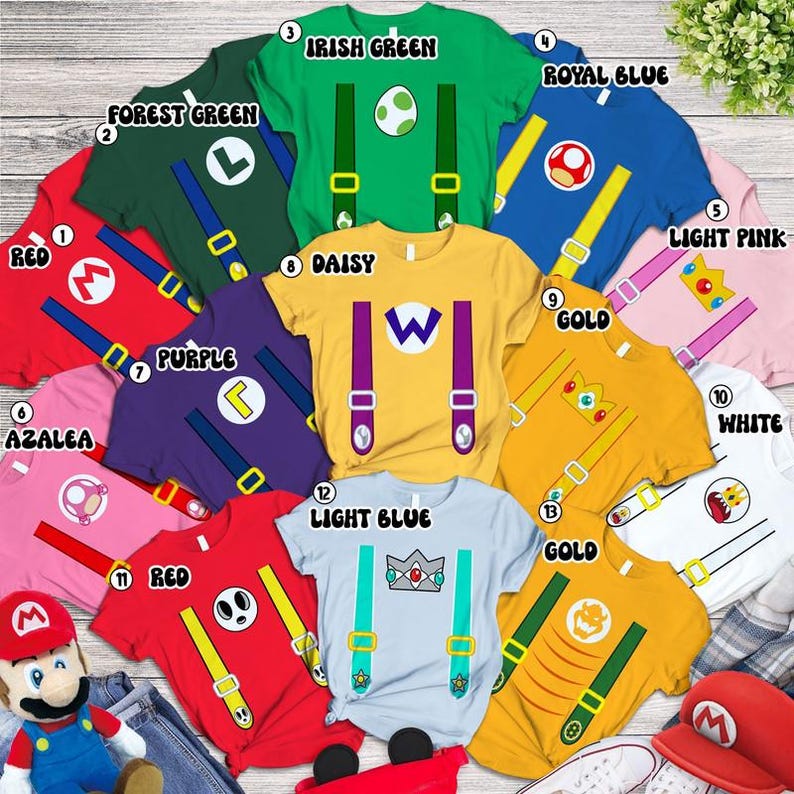 Mario Family Matching Costume Shirts, Yoshi Princess Peach Bowser Luigi Shirt, Princess Costume, Super Mario Family Halloween Costume Shirts image 1