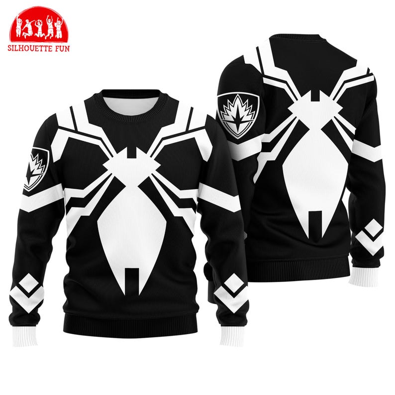 a black and white sweater with a unique design resembling a spider or a web. The sweater has a prominent white spider or web pattern on the front and back, and it is displayed in two different views, including the front and back.