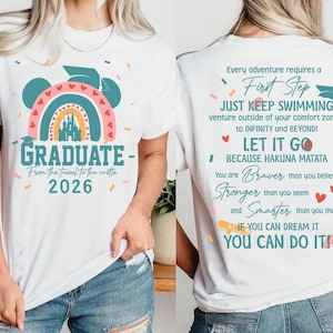 a white t-shirt with a colorful graphic design and text on the back.