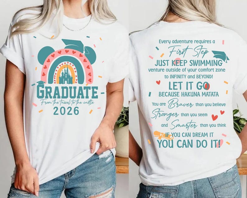 a white t-shirt with a colorful graphic design and text on the back.