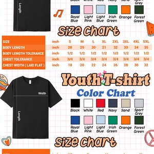 The image is a color chart for a unisex t-shirt, providing size information and color options for different body lengths and sleeve lengths.