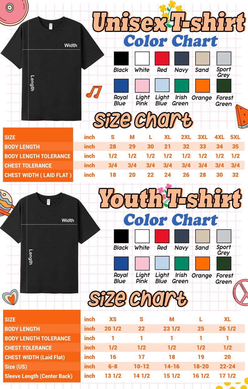 The image is a color chart for a unisex t-shirt, providing size information and color options for different body lengths and sleeve lengths.