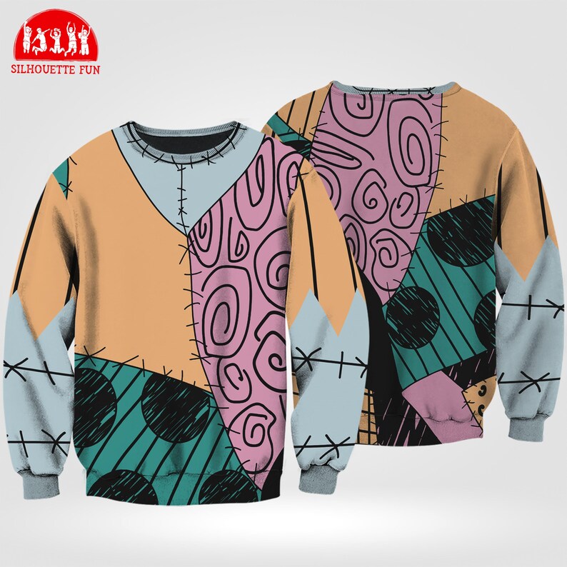 a colorful, patterned sweater with a mix of geometric shapes and abstract designs.