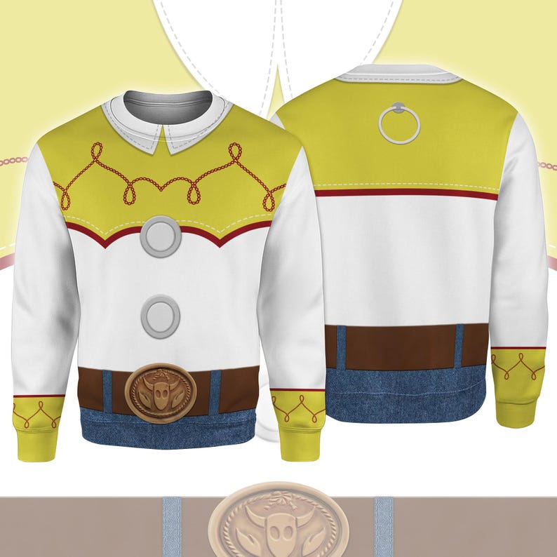 A yellow and white sweater with red and brown accents, resembling a costume or costume-inspired garment.