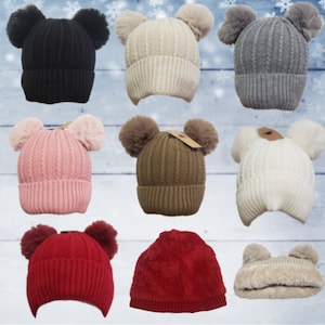 Faux Fur Lined Cute 2 Pom Pom Ears Knit Warm Winter Women&#39;s Hat