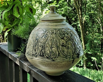 wheel-thrown wood-fired stoneware pottery covered jar light green,11 5/8x10, signed by famous WV artist, kitchen cannister, funerary urn