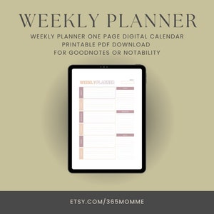 Wochenplaner Eine Seite Digitaler Kalender Druckbarer PDF-Download für GoodNotes oder Notability