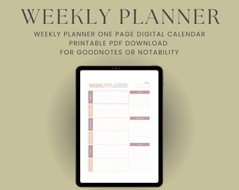 Weekly Planner One Page Digital Calendar Printable PDF Download for GoodNotes or Notability