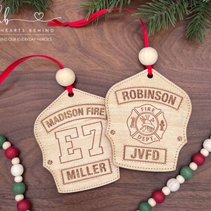 Fire Fighter Helmet Shield Engraved Wood Christmas Ornament, Firefighter Personalized Holiday Ornament, Fire Department, EMS, Fire Rescue