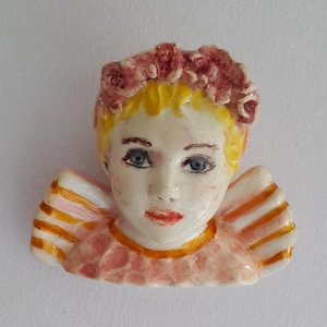 ceramic mini sculpture, handmade home decor, ceramic girl angel head figurine hang on the wall