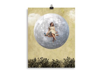 Serenity Poster: Woman on Moon Swing, Dreamy Wall Art