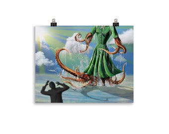 Octopus Tea Party Poster: Surrealist Matte Art Print