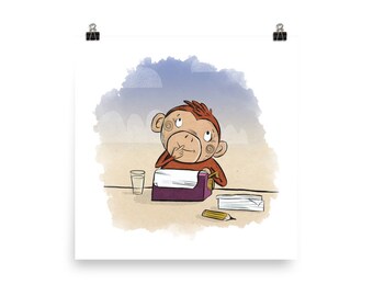 Writer's Block Monkey Art Print: Funny Office Decor
