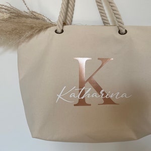 Strandtasche mit Name personalisiert Shopper personalisierte Tasche Stofftasche Jutetasche Geschenk MRS. Initial Mama Oma Bild 1