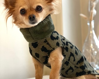 Hundepullover gefüttert Olivegrün Weinrot / Leo Print | Chihuahua / Kleinhund Pullover