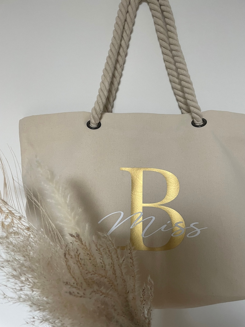 Strandtasche mit Name personalisiert Shopper personalisierte Tasche Stofftasche Jutetasche Geschenk MRS. Initial Mama Oma Bild 6