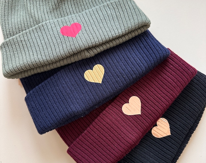 Beanie with hearts, knitted hat, cuddly soft, beige, burgundy, dark blue, black, olive green
