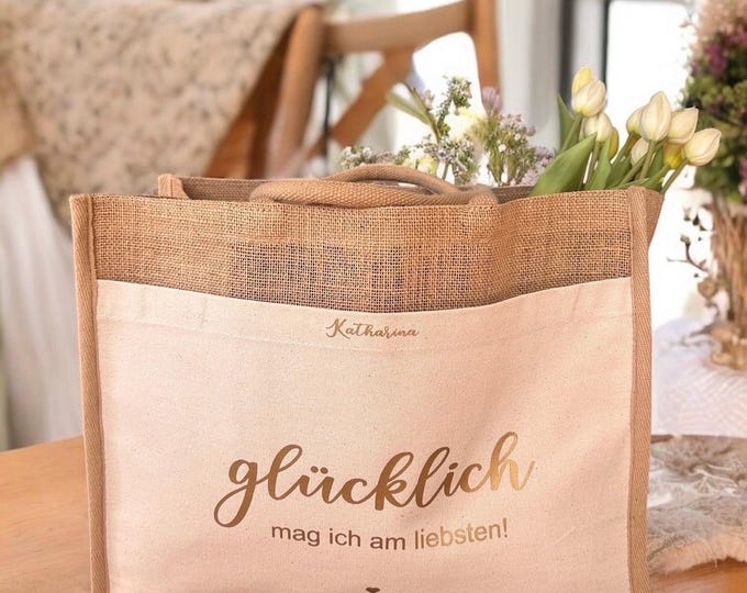 Jute bag beach bag personalized, shopping bag, gift bag, wedding, gift, Happy, happy I like best heart