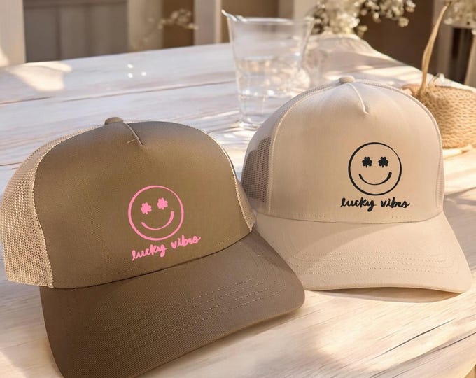 Smiley face cap, lucky vibes, personalized baseball cap, unisex cap in khaki, black, brown, and white