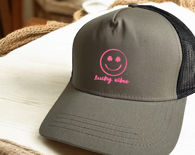 Cap with smiley, lucky vibes, baseball cap personalized, unisex cap khaki, black, brown, white