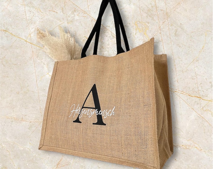 Jute shopper personalized with initial and name, mom, grandma