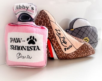 Kleines Hundespielzeug Parfum I Handtasche oder Highheel mit Quietscher  personalisiert mit Name für Kleinhund I Welpe