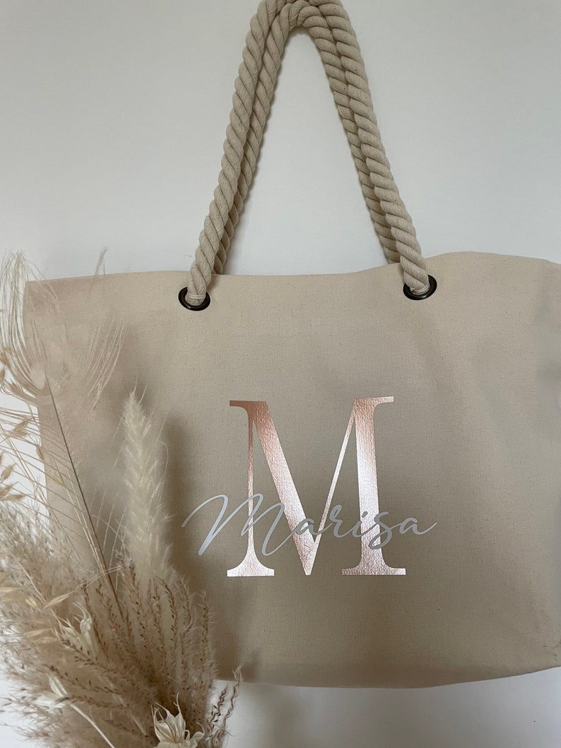 Strandtasche mit Name personalisiert Shopper personalisierte Tasche Stofftasche Jutetasche Geschenk MRS. Initial Mama Oma Bild 3