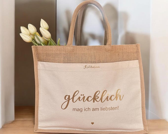 Jute bag beach bag personalized, shopping bag, gift bag, wedding, gift, Happy, happy I like best heart