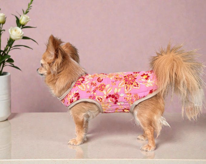 Reversible Dog Coat – Double Face Boho Pink Floral Pattern with Velcro Closure | Dog Coat for Small Dogs / Chihuahuas