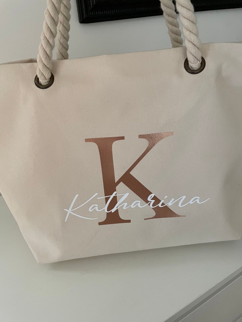 Strandtasche mit Name personalisiert Shopper personalisierte Tasche Stofftasche Jutetasche Geschenk MRS. Initial Mama Oma Bild 8