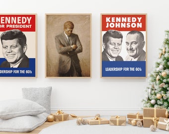 JFK Set of 3 Wall Art Poster Prints- John F Kennedy Presidential Campaign Posters & Official Portrait - Printable Decor14"x20"